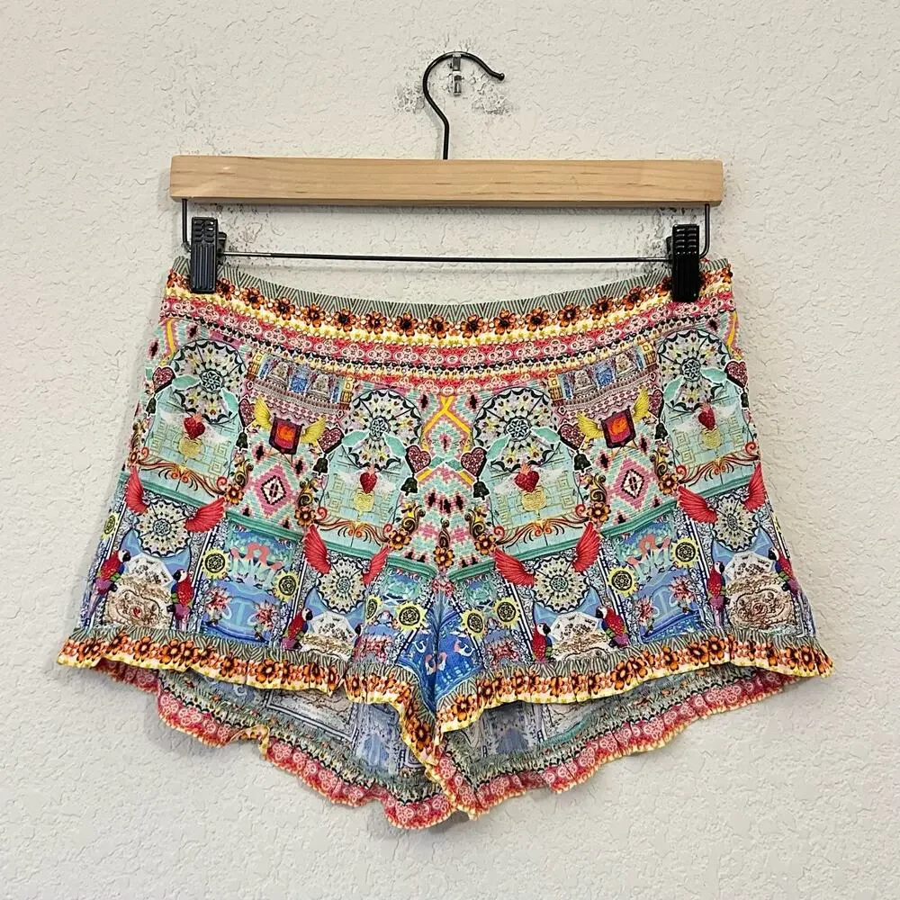 CAMILLA Shorts Multicolor Allover Print Silk Studded Embellished Boho